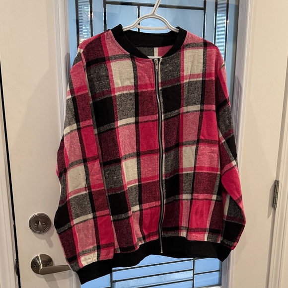 Pink and Black Plaid Zip-Up Jacket - Picture 2 of 10